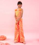 Sleeveless Orange Check Print Jumpsuit With Stylish Flowers On Top