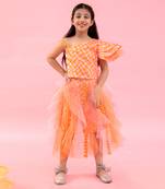 One Off Shoulder Crop Top With Orange Check Print Skirt