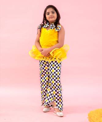 Yellow Pleated Organza Peplum Top With Pants 1