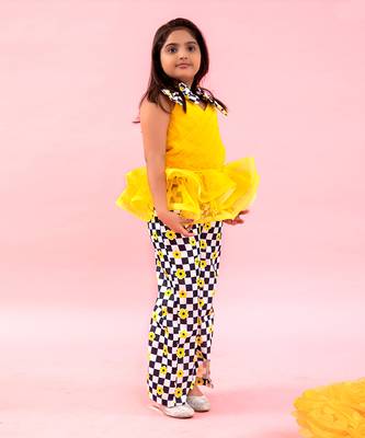 Yellow Pleated Organza Peplum Top With Pants 2