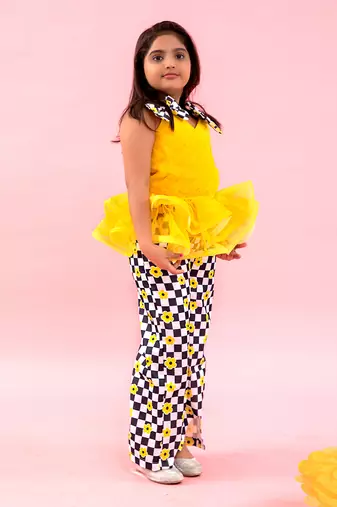 Yellow Pleated Organza Peplum Top With Pants