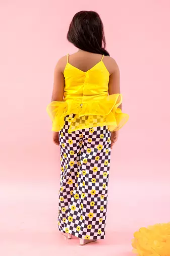 Yellow Pleated Organza Peplum Top With Pants