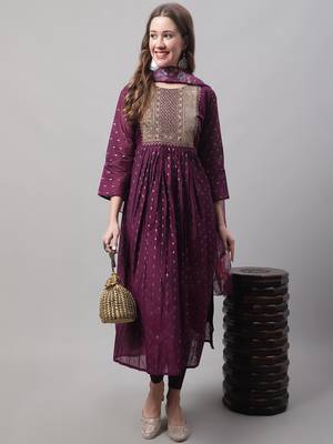 Purple embroidered chanderi Kurta Pant With Dupatta 1