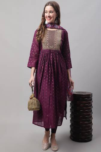 Purple embroidered chanderi Kurta Pant With Dupatta