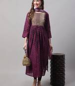 Purple embroidered chanderi Kurta Pant With Dupatta