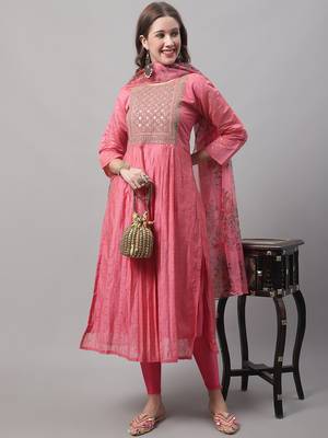 Pink embroidered chanderi Kurta Pant With Dupatta 1