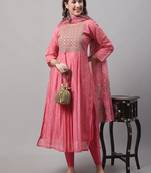 Pink embroidered chanderi Kurta Pant With Dupatta