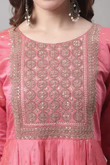 Pink embroidered chanderi Kurta Pant With Dupatta