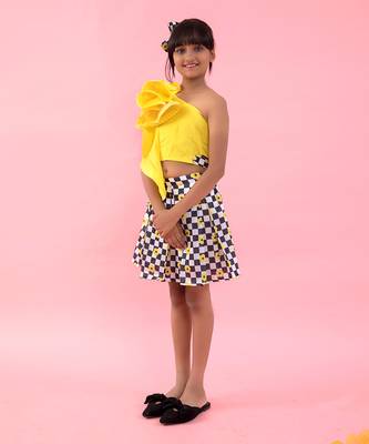 One Off Shoulder Flarry Flowered Crop Top With Box Pleat Skirts 1