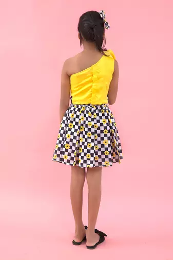 One Off Shoulder Flarry Flowered Crop Top With Box Pleat Skirts
