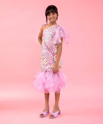 Check Printed One Off Shoulder Dress With Net Frills At Bottom 1