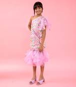 Check Printed One Off Shoulder Dress With Net Frills At Bottom