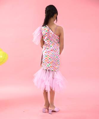 Check Printed One Off Shoulder Dress With Net Frills At Bottom 2