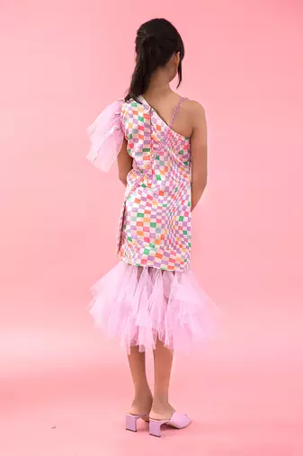 Check Printed One Off Shoulder Dress With Net Frills At Bottom