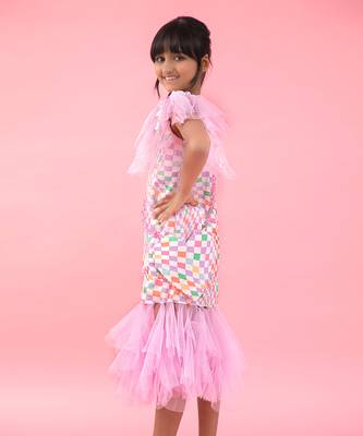 Check Printed One Off Shoulder Dress With Net Frills At Bottom 3