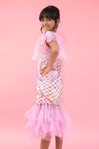 Check Printed One Off Shoulder Dress With Net Frills At Bottom