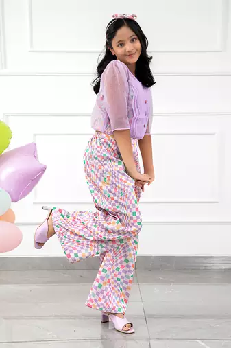 Stylish Scalaped Organza Top With Multicolour Pants