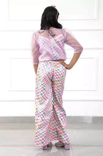 Stylish Scalaped Organza Top With Multicolour Pants