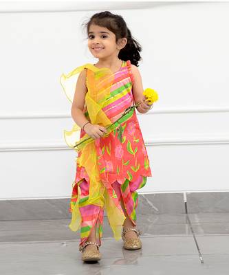 Coral Pink Striped Pleats Enhanced Scalloped Kurti And Tulip Dhoti With Ruffle Dupatta 1
