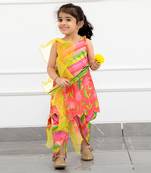 Coral Pink Striped Pleats Enhanced Scalloped Kurti And Tulip Dhoti With Ruffle Dupatta