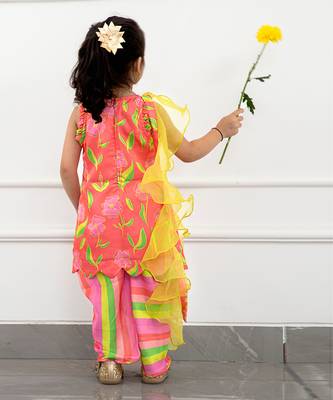 Coral Pink Striped Pleats Enhanced Scalloped Kurti And Tulip Dhoti With Ruffle Dupatta 2