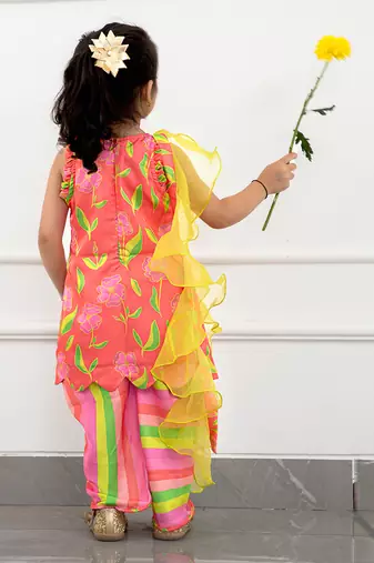 Coral Pink Striped Pleats Enhanced Scalloped Kurti And Tulip Dhoti With Ruffle Dupatta