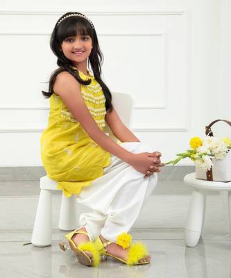 Yellow Chanderi Cowrie Shell Lace Work On Top With Dhoti 2