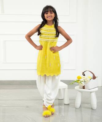 Yellow Chanderi Cowrie Shell Lace Work On Top With Dhoti 1