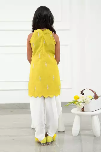 Yellow Chanderi Cowrie Shell Lace Work On Top With Dhoti