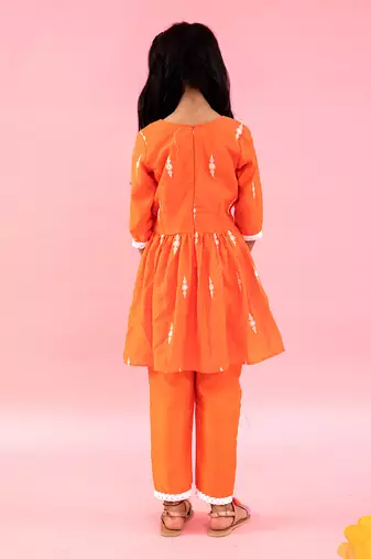 Orange Peplum Embroidered Kurta With Pant And Dupatta