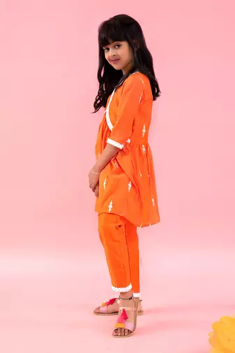 Orange Peplum Embroidered Kurta With Pant And Dupatta