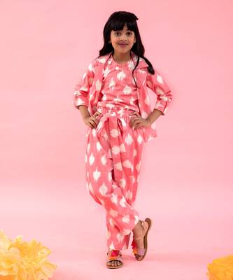 Ikkat Printed Cotton Baby Pink Top With Notch Collar Jacket And Knot Detail Pant 1