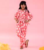 Ikkat Printed Cotton Baby Pink Top With Notch Collar Jacket And Knot Detail Pant