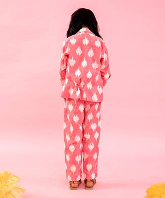 Ikkat Printed Cotton Baby Pink Top With Notch Collar Jacket And Knot Detail Pant 2