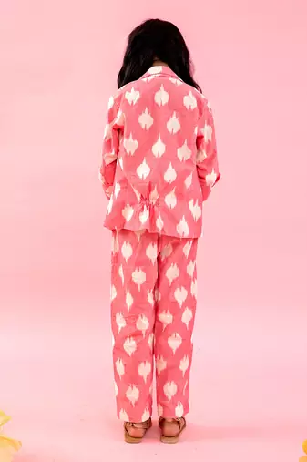 Ikkat Printed Cotton Baby Pink Top With Notch Collar Jacket And Knot Detail Pant