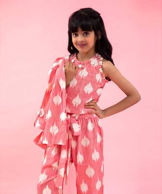 Ikkat Printed Cotton Baby Pink Top With Notch Collar Jacket And Knot Detail Pant 3