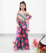 Stylish Diagonal Gota Lace Work Striped Multicolour Cape Top And Floral Printed Palazzo