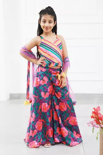 Stylish Diagonal Gota Lace Work Striped Multicolour Cape Top And Floral Printed Palazzo