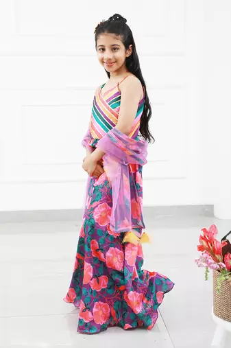 Stylish Diagonal Gota Lace Work Striped Multicolour Cape Top And Floral Printed Palazzo