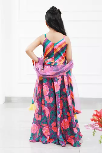 Stylish Diagonal Gota Lace Work Striped Multicolour Cape Top And Floral Printed Palazzo