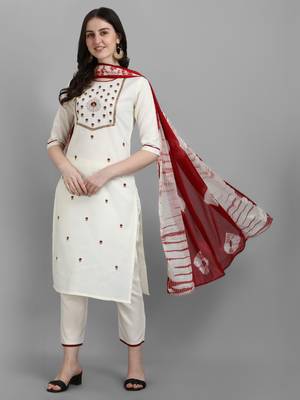 White embroidered cotton Kurta Pant With Dupatta 1