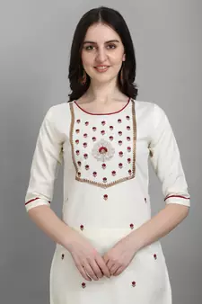 White embroidered cotton Kurta Pant With Dupatta