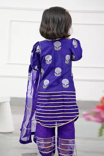 Round Neck Brocade Embroidered Stylish Purple Kurti With Organza Hem Pant And Dupatta