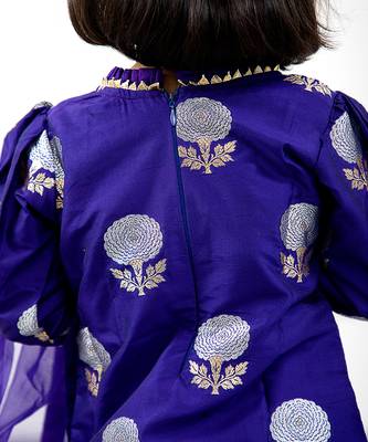 Round Neck Brocade Embroidered Stylish Purple Kurti With Organza Hem Pant And Dupatta 3