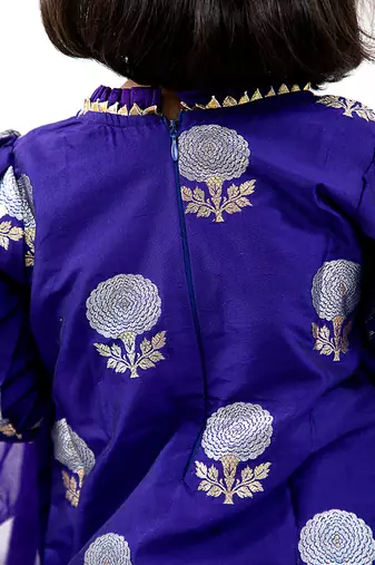 Round Neck Brocade Embroidered Stylish Purple Kurti With Organza Hem Pant And Dupatta