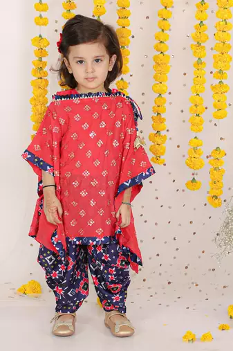 Tart Red One Shoulder Top With Sequins Embroidered Cape And Patola