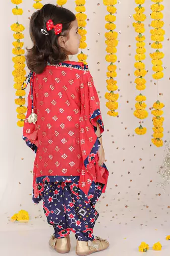 Tart Red One Shoulder Top With Sequins Embroidered Cape And Patola