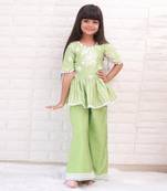 Green Thread Embroidered And Lace Work Kurti With Palazzo