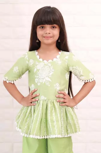 Green Thread Embroidered And Lace Work Kurti With Palazzo