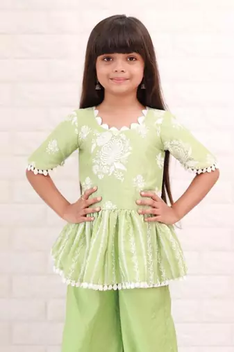 Green Thread Embroidered And Lace Work Kurti With Palazzo
